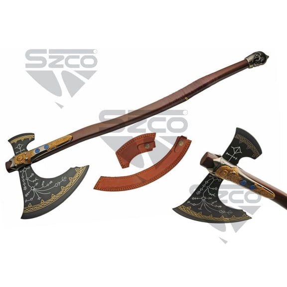 SZCO 40" Two-Handed Viking Axe with Ash Wood Handle, Black Finish Rune Blade & Leather Sheath – Decorative Replica