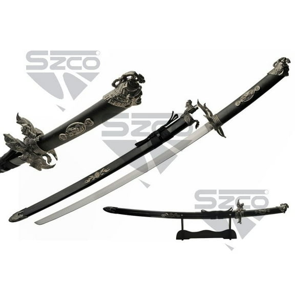 SZCO 41.75" Dragon Fantasy Sword Stainless Steel Blade, Silver Dragon Handle, Black Scabbard Decorative Collectible Sword for Display & Cosplay