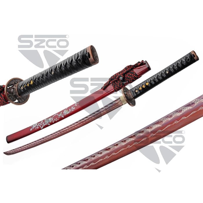 SZCO 41" Bonsai Samurai Sword with Carbon Steel Blade, Cord Wrapped Handle,  and Red Scabbard For Collectors & Display - Walmart.com