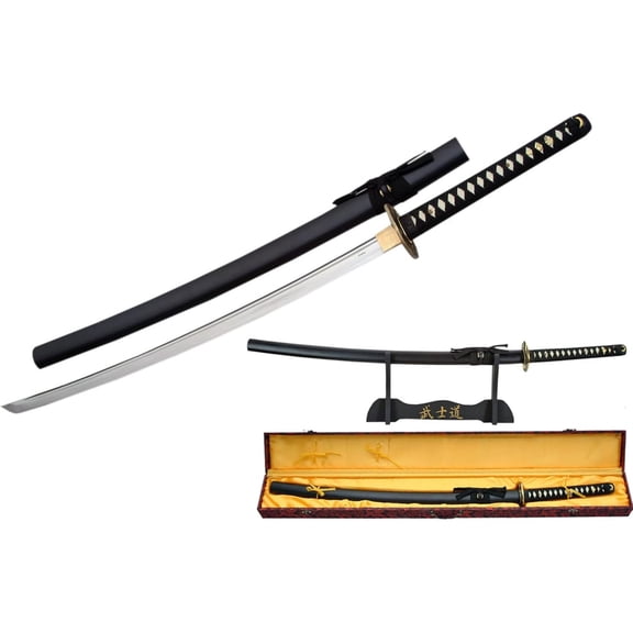 SZCO 41" Hand Forged Samurai Katana Sword Full Tang Stainless Steel Blade Black Scabbard, Display Stand & Gift Box for Cosplay & Display