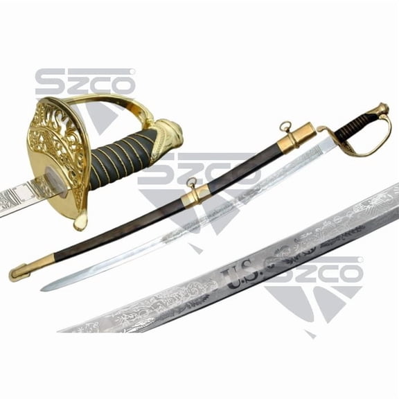 SZCO 41" U.S Officer Saber Sword Carbon Steel Blade Replica with Gun Blue Finish, Brass Guard & Metal Scabbard