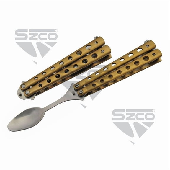 SZCO 5 Gold Butterfly Style Spoon, Stainless Steel Folding Spoon with Titanium Finish Handle, for Adult