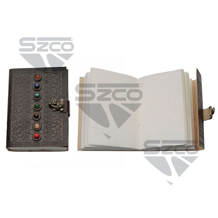 SZCO 5x7 Inch Chakra Stone Leather Journal with Lock, 7 Chakras Embossed Writing Notebook for Notes, Sketches & Personal Use