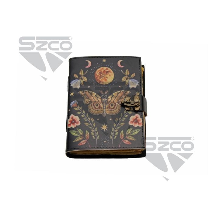 SZCO 5x7 Lunar Moth Leather Journal With Lock Vintage Paper Notebook Moon And Floral Design Writing Diary Sketchbook Gift Journal