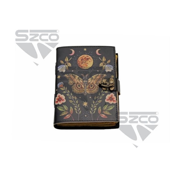 SZCO 5x7 Lunar Moth Leather Journal With Lock Vintage Paper Notebook Moon And Floral Design Writing Diary Sketchbook Gift Journal