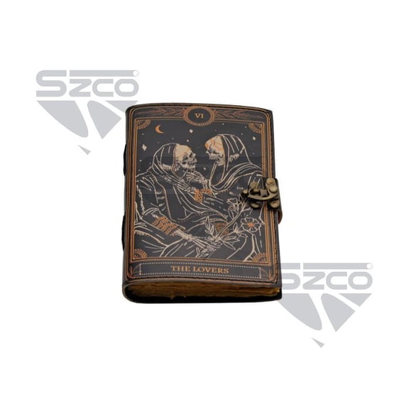 SZCO 5x7 Inch Tarot Lovers Leather Journal with Lock, Embossed The Lovers Card Notebook with 200 Vintage-Style Pages