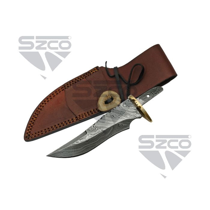 SZCO 6.25 Inch Damascus Fixed Blade Knife With Guard Leather Sheath Outdoor Utility Hunting Knife 4.75 Inch Damascus Blade