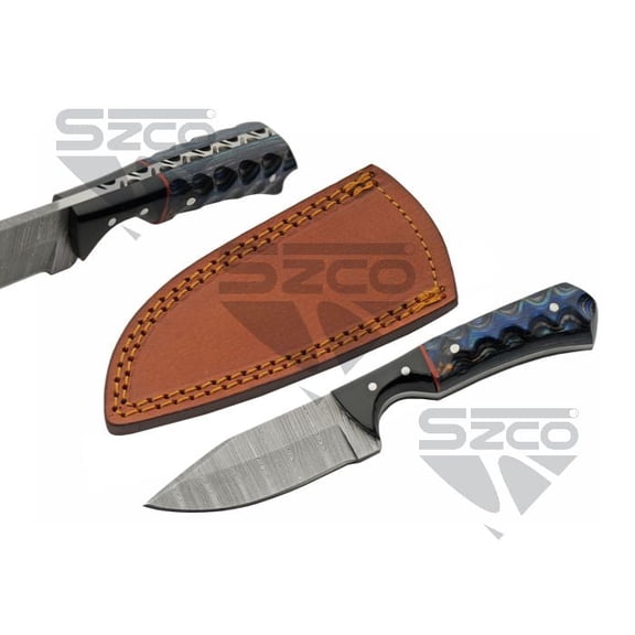 SZCO 6.5-Inch Sapphire Wood Skinner Knife Damascus Steel Blade with Blue Black Pakkawood Handle, Red Spacer, and Leather Sheath
