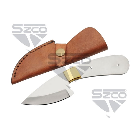 SZCO 7.25" Wide Drop Point Style Utility Piece with Stainless Steel Construction, Brass Bolster and Leather Sheath