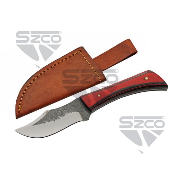 SZCO 7" Forged Torchwood Skinner with 3" Carbon Steel Blade, Red/Black Wood Handle and Leather Sheath