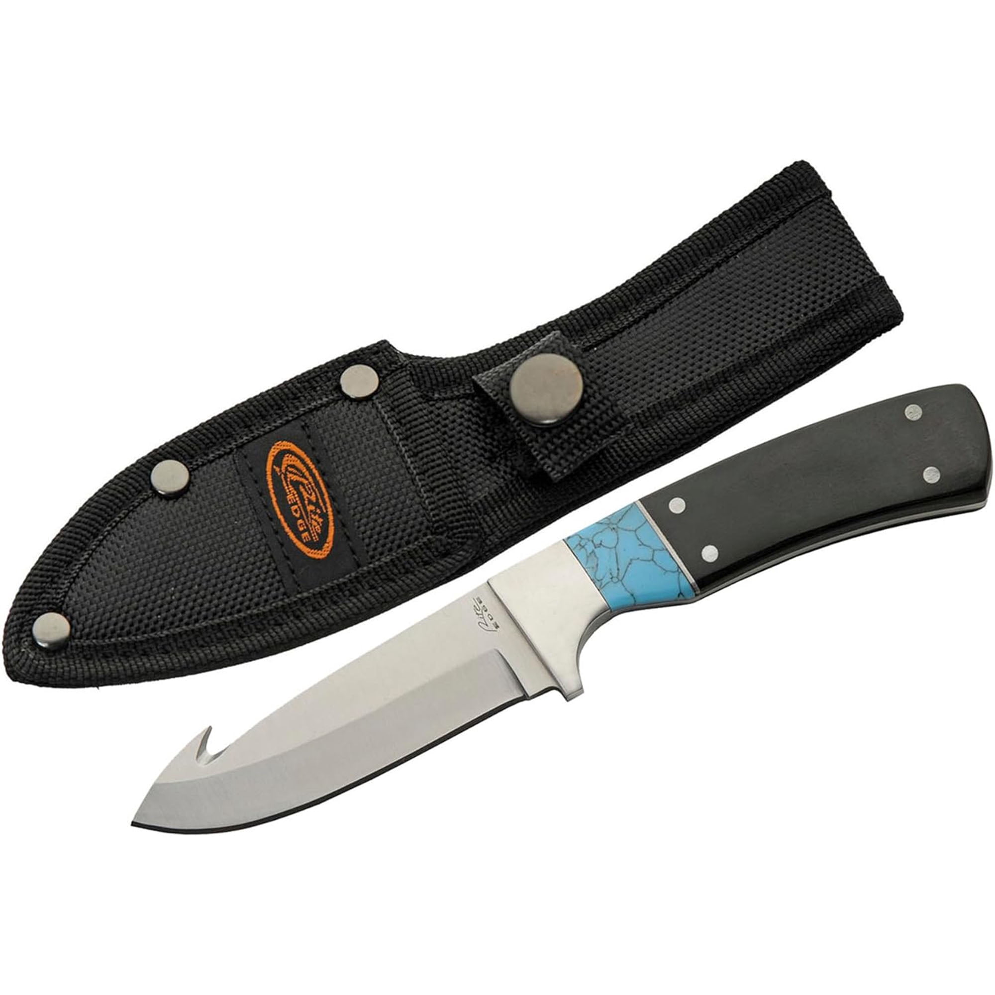 Rite Edge 7 Inch Guthook Knife Turquoise Spacer 3CR13 Stainless Steel Blade Pakkawood Handle Full Tang Hunting Knife with Nylon Sheath