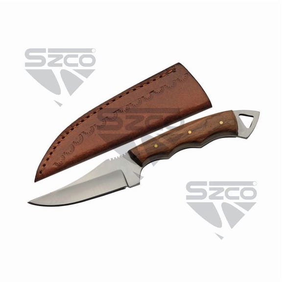 SZCO 7" Woodsman Trailing Point Knife with Wood Handle, Lanyard Hole & Leather Sheath for Outdoor Use