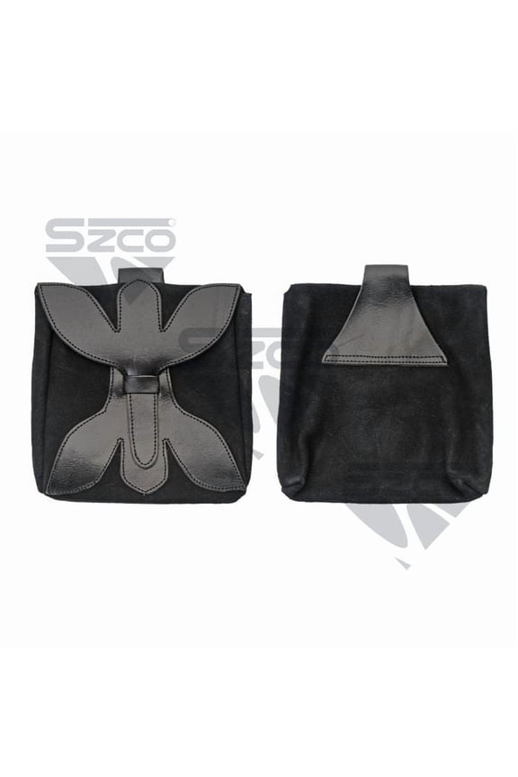 8.25" Large Medieval Belt Pouch  Black Suede & Leather Bag with Cross Strap Closure and Belt Loop