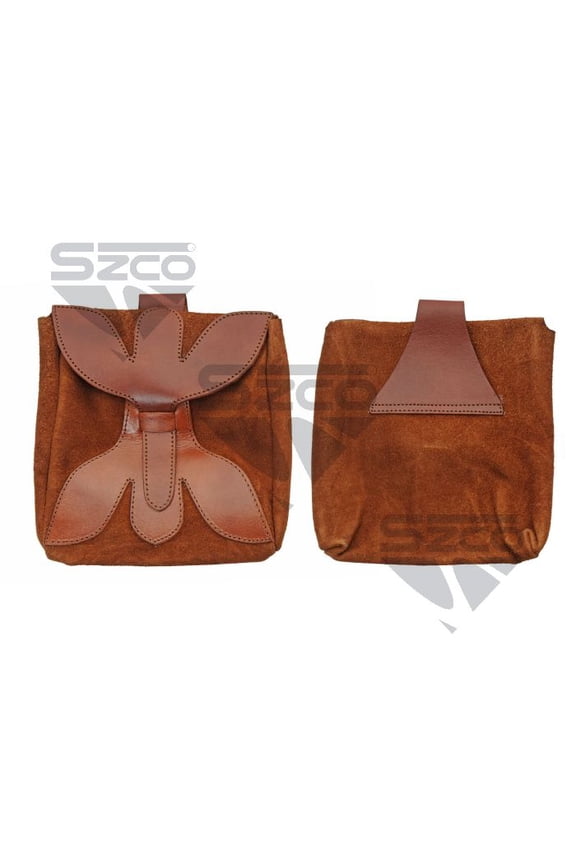 8.25" Large Medieval Belt Pouch  Brown Suede & Leather Bag with Cross Strap Closure and Belt Loop