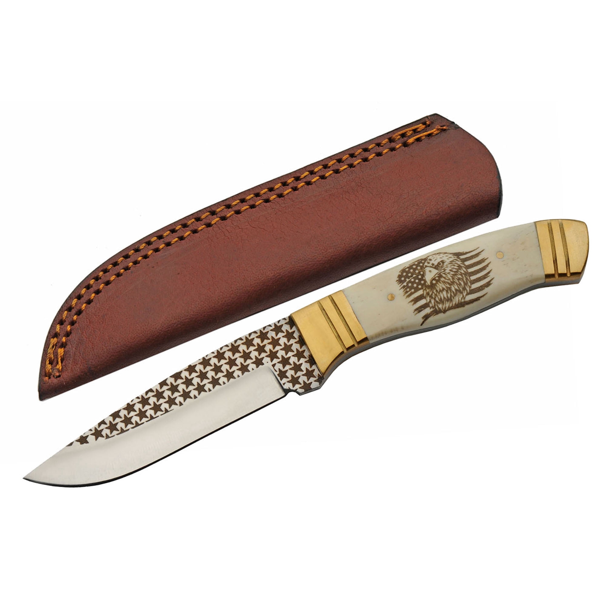 Rite Edge 8.25 Inch Bone Handle Fixed Blade Knife 8 Gauge Stainless Steel Blade Brass Bolster Laser Star Detail Leather Sheath Outdoor Knife