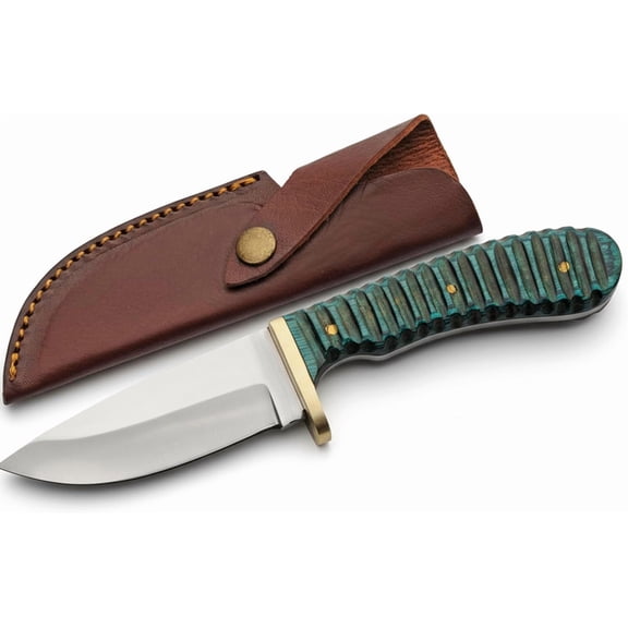 SZCO 8.5" Fixed Blade Hunter Knife with Stainless Steel Blade, Pakkawood Handle, Brass Guard and Leather Sheath Included