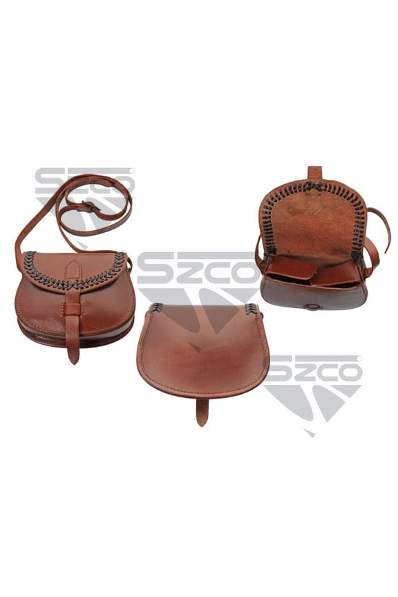 8.5" x 6.5" Medieval Brown Leather Shoulder Bag  Soft Strap Pouch with Cross Strap Closure & Black Accents