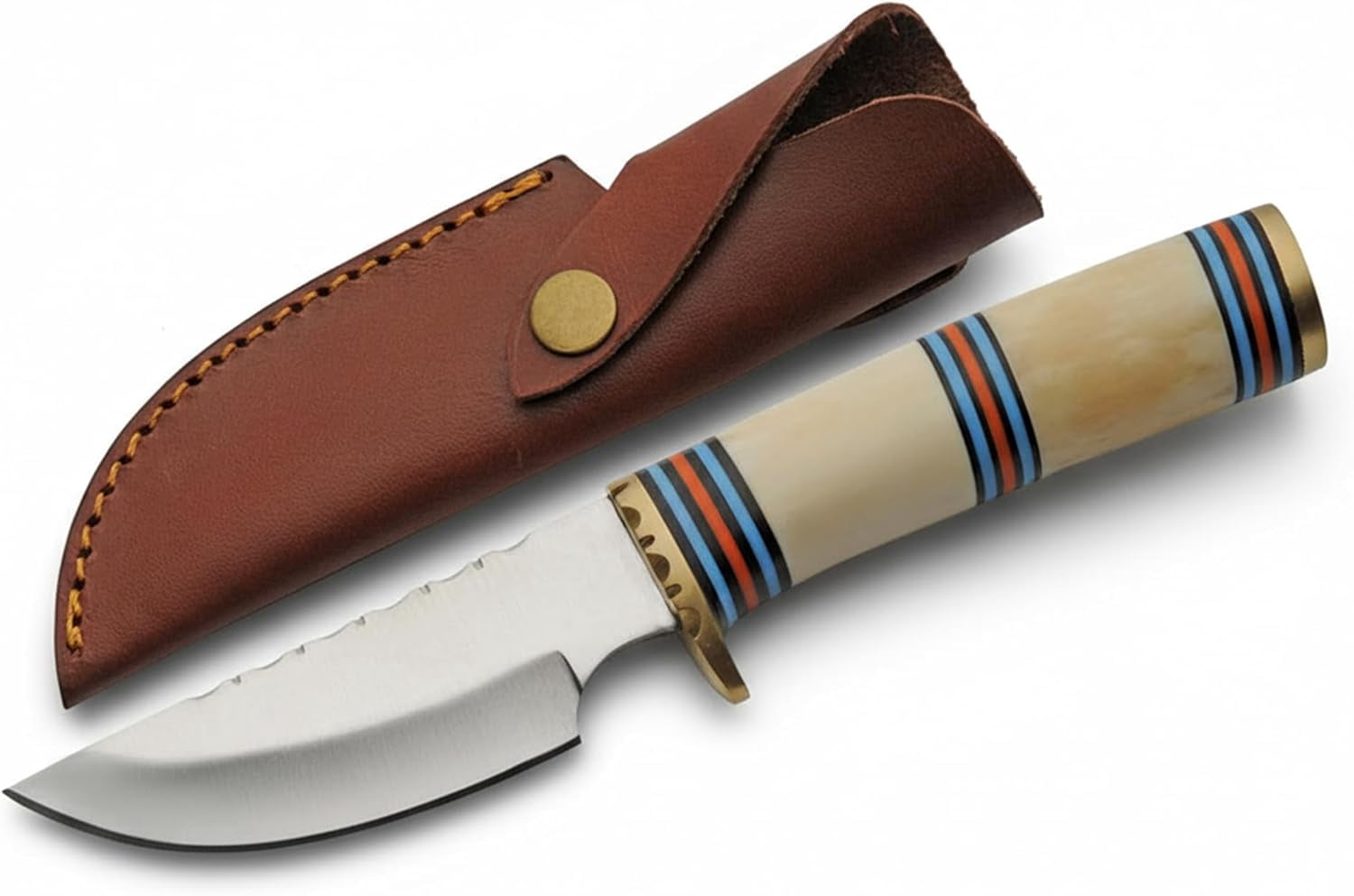 Rite Edge 8.75 Inch Fixed Blade Hunting Knife With Bone Handle Stainless Steel Blade Filework Brass Guard Leather Sheath Outdoor Knife