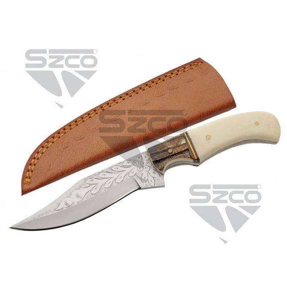 SZCO 8.75" Utility Ivy Stag Skinner Knife with Camel Bone Handle & Leather Sheath