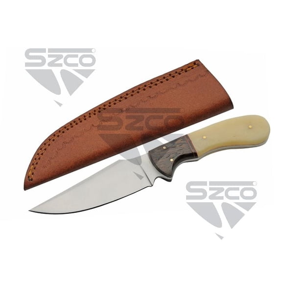 SZCO 9 Inch Camel Bone & Wood Decorative Knife Stainless Steel Blade Brass Pins Red Spacers Leather Sheath