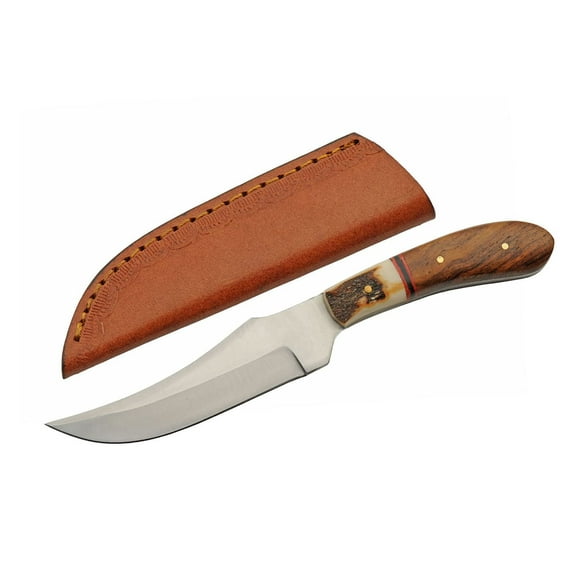 SZCO Supplies 7.25" Wood and Stag Handle Full Tang Outdoor Utility Knife with Leather Sheath, Brown
