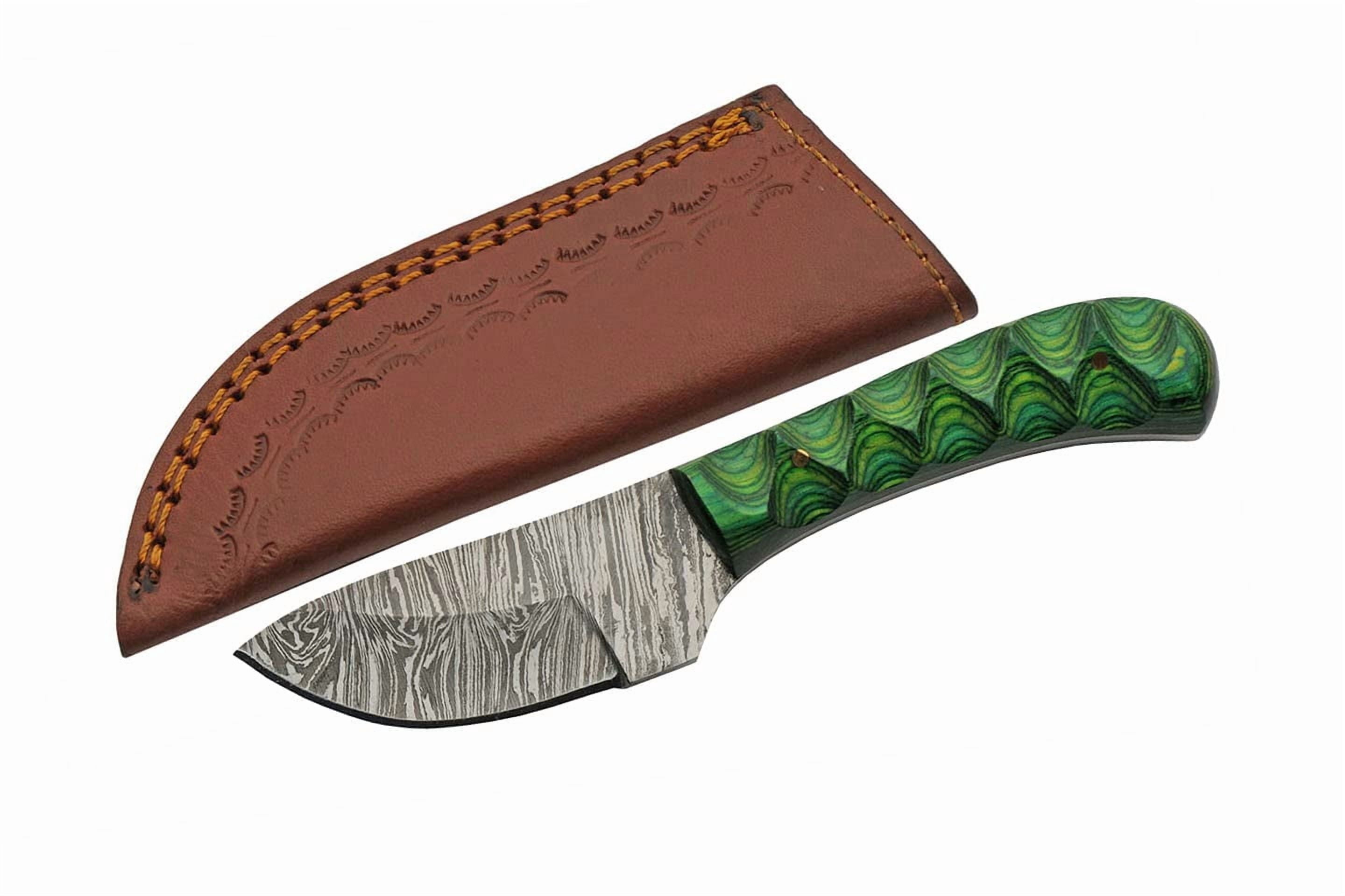 SANZ 6" Damascus Steel Outdoor Utility Knife with Green Pakkawood Handle and Leather Sheath