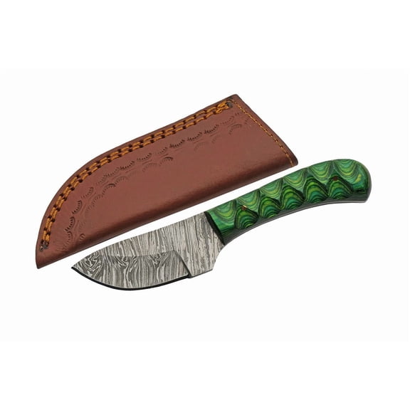 SANZ 6" Damascus Steel Outdoor Utility Knife with Green Pakkawood Handle and Leather Sheath