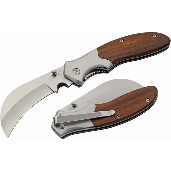 SZCO 4.25" Hawkbill Folding Pocket Knife, 3.25" Satin Finish Stainless Steel Blade with Wood Handle and Steel Bolster for Everyday Carry and Utility