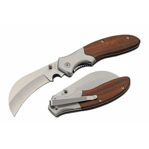Rite Edge 4.25 Inch Folding Hawkbill Knife 3.25 Inch Satin Steel Blade Wood Handle Pocket Clip Compact Outdoor Camping Utility Tool