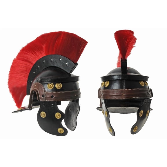 SZCO Leather Roman-Style Helmet with Red Plume – Top Grain Leather with Ear Guards, Brown Band, and Adjustable Chin Strap – Decorative Costume Armor for LARP, Cosplay, and Displays