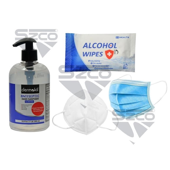 SZCO PPE Commercial Reopening Kit 3, Hand Sanitizer, KN-95 & 3-Ply Masks, Alcohol Wipes, Workplace Safety Essentials