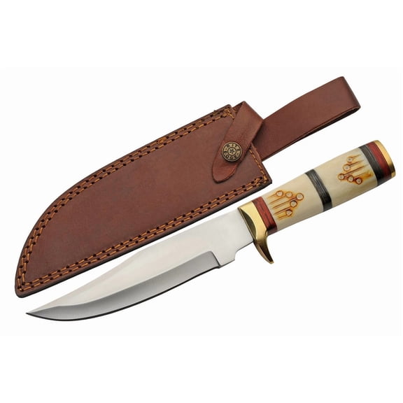 SZCO Supplies 12.5" Fixed Blade Hunting Knife with Carved Bone & Wood Handle, Stainless Steel Blade, Brass Guard & Leather Sheath