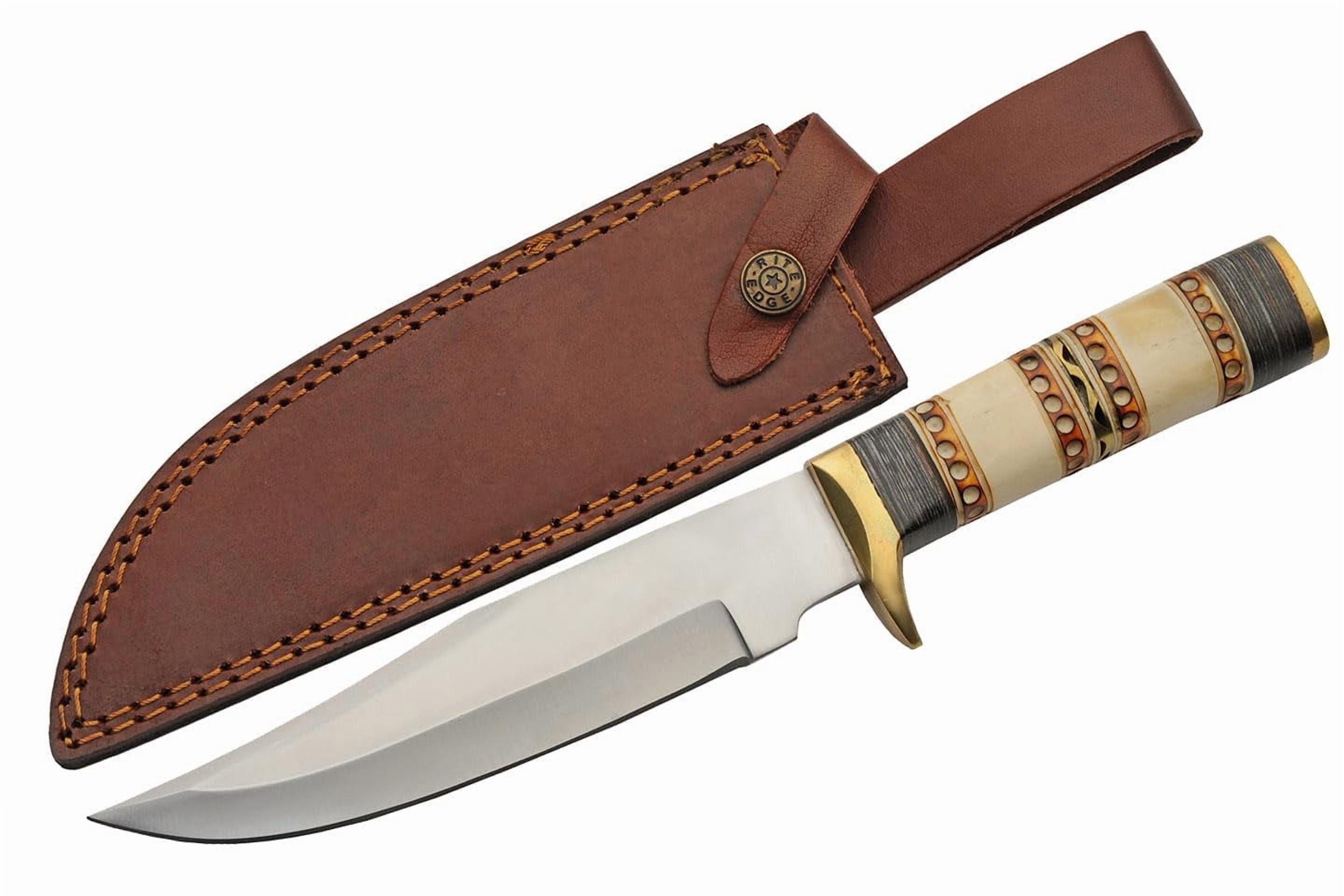 SZCO Supplies 12.5" Full Tang Clip Point Hunting Knife with Stainless Steel Blade, Bone & Wood Handle, Brass Guard, and Leather Sheath – Fixed Blade Outdoor Knife for Camping