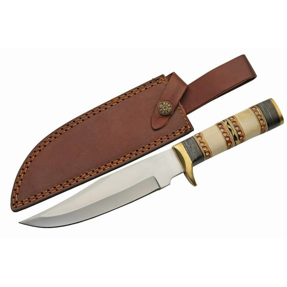 SZCO Supplies 12.5" Full Tang Clip Point Hunting Knife with Stainless Steel Blade, Bone & Wood Handle, Brass Guard, and Leather Sheath Fixed Blade Outdoor Knife for Camping