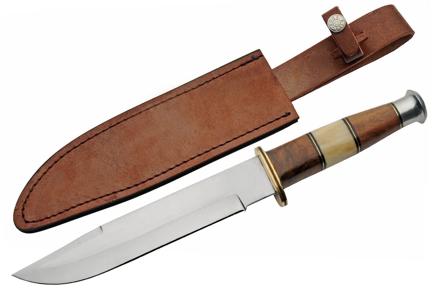SZCO 14.5 Inch Brownbark Hunter Knife Stainless Steel Blade Wood Bone Handle Brass Guard Outdoor Hunting Fixed Blade With Leather Sheath
