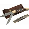 thumbnail image 1 of SANZ 2-Blade Knife – 5" Closed, Damascus Steel Blades, Stag Handle, Brass Bolsters, Leather Sheath, 1 of 7