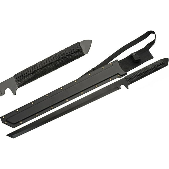SZCO Supplies 26" Black Full Cord Wrapped Handle Blad-e Short Swor-d with Sheath