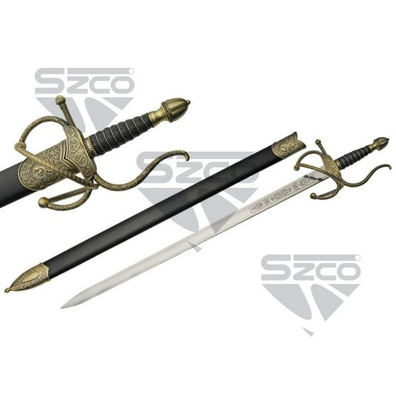 SZCO 36" Gold Elegant Rapier Sword Stainless Steel Blade with Gold Wire-Wrapped Handle Scabbard for Display