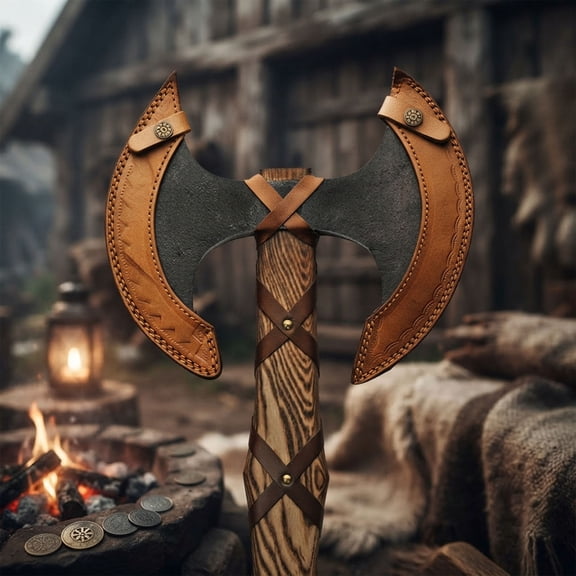 SZCO Supplies 39-Inch Decorative Double Bit Axe with Stainless Steel Forged Look Head, Burnt Ash Wood Handle, Vegan Leather Wrap, Leather Sheath