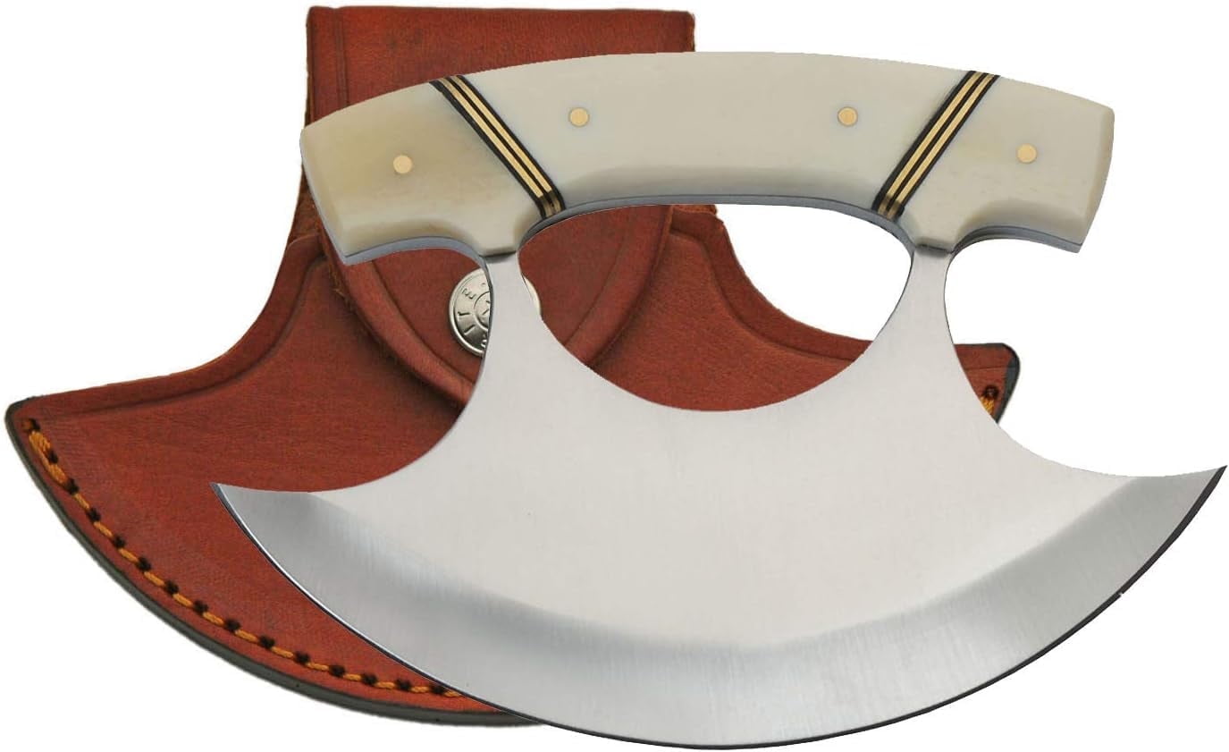 SZCO ULU Kitchen Knife, 5.5" Steel Blade with Bone Handle – Alaskan Style Chopping & Mincing Tool with Leather Sheath