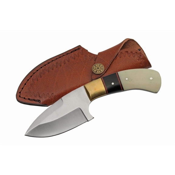 SZCO Heritage 7-Inch Curved Bone Skinner Full Tang Stainless Steel Hunting Knife Handcrafted Camel Bone Handle with Horn Spacer, Brass and Leather Sheath