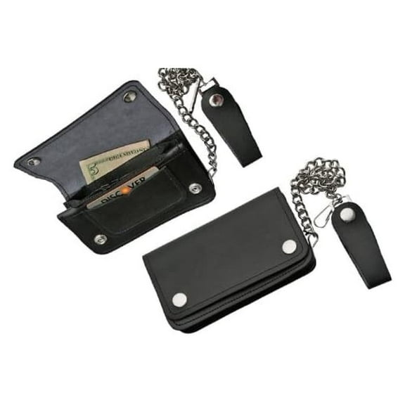 SZCO Supplies Small Bi-Fold Biker Wallet 6" Leather Chain Wallet with Snap Belt Loop and Zipper Pocket, Black