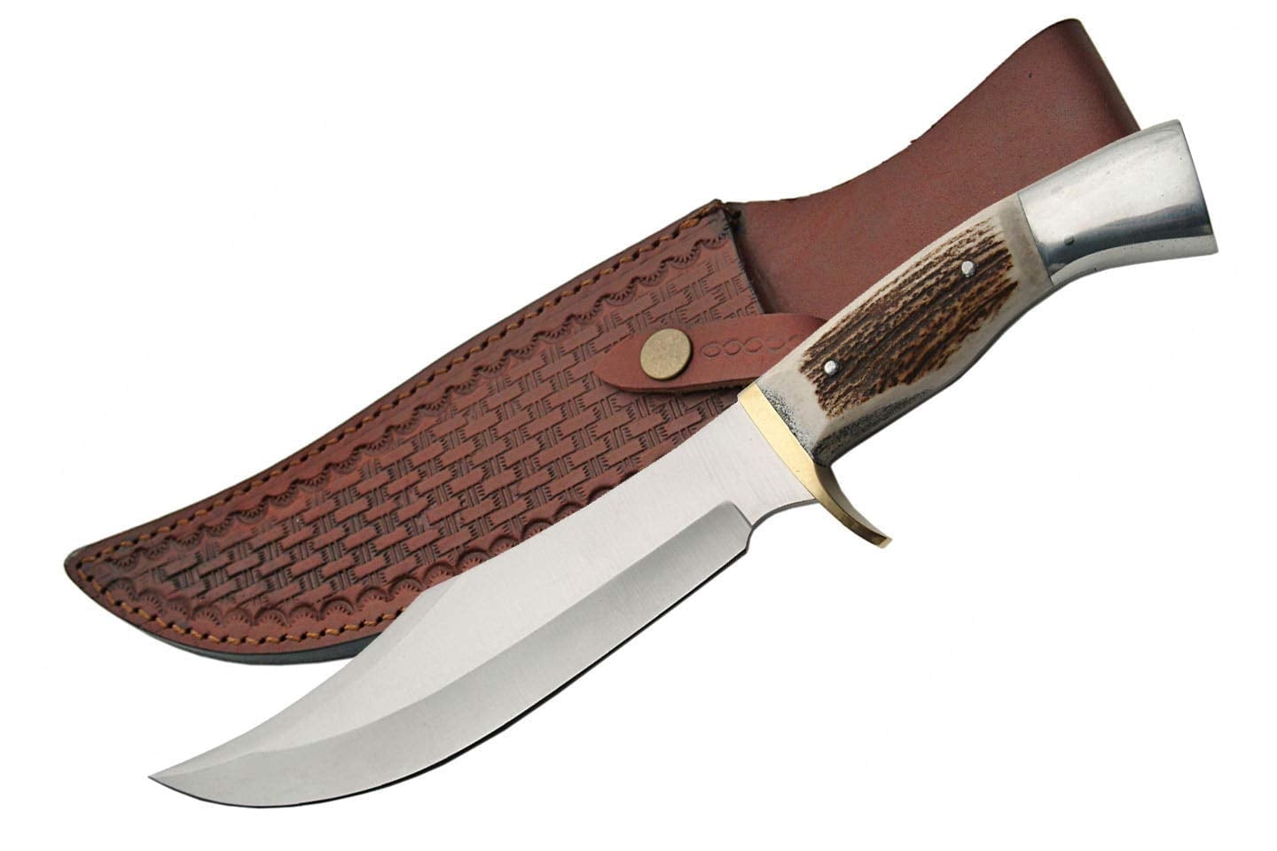 Szco Supplies 13.5" Iron Cougar II Knife with Stag Handle, Brass Guard, Stainless Steel Blade, and Leather Sheath