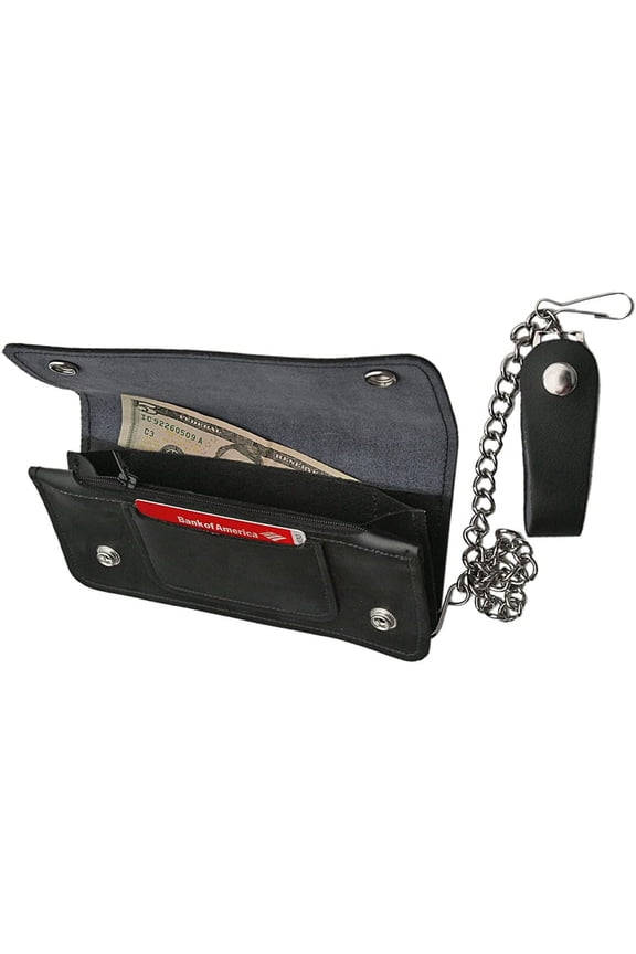 Supplies 8" Bi-Fold Biker Wallet, Genuine Leather with 12" Anti-Theft Chain and Snap Belt Loop, Long Wallet for Motorcyclists and Daily Use