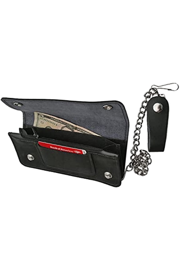 Supplies 8" Bi-Fold Biker Wallet, Genuine Leather with 12" Anti-Theft Chain and Snap Belt Loop, Long Wallet for Motorcyclists and Daily Use