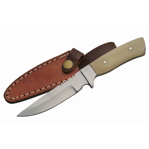 SZCO Supplies 7" Full Tang Skinning Knife with Stainless Steel Blade, Bone Handle & Leather Sheath – Outdoor Fixed Blade Knife for Hunting & Camping