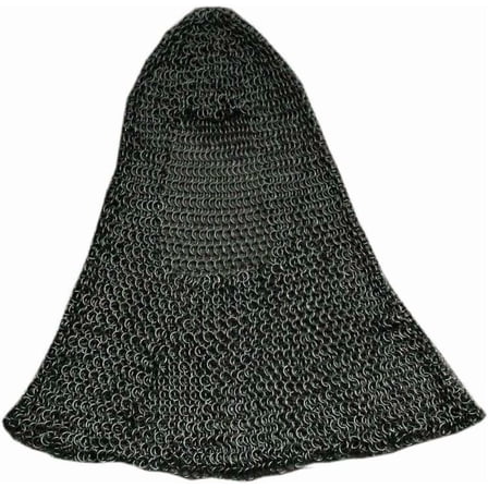 SZCO Black Chain Mail Coif, 16 Gauge Mild Carbon Steel Butted Rings, Medieval Knight Armor Hood for LARP, Cosplay, and Renaissance Costumes