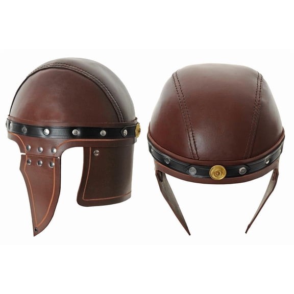 SZCO Top Grain Leather Helmet with Chin Strap – Adjustable, Lightweight Decorative Costume Armor for LARP and Cosplay