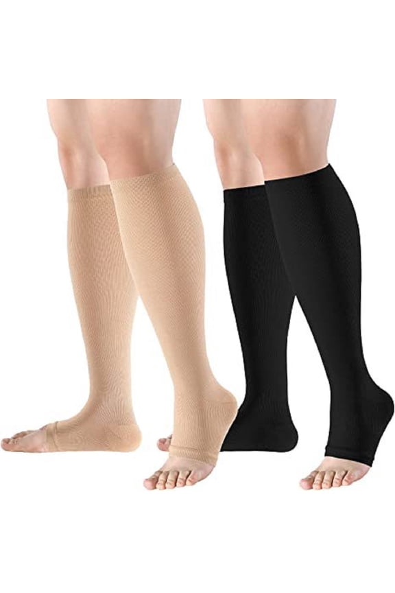 SZDUDU 2 Pairs Knee High Compression Socks for Women and Men 15-20 mmHg, Open Toe Compression Socks for Nurses, Medical, Running, Cycling, Athletic (L/XL)
