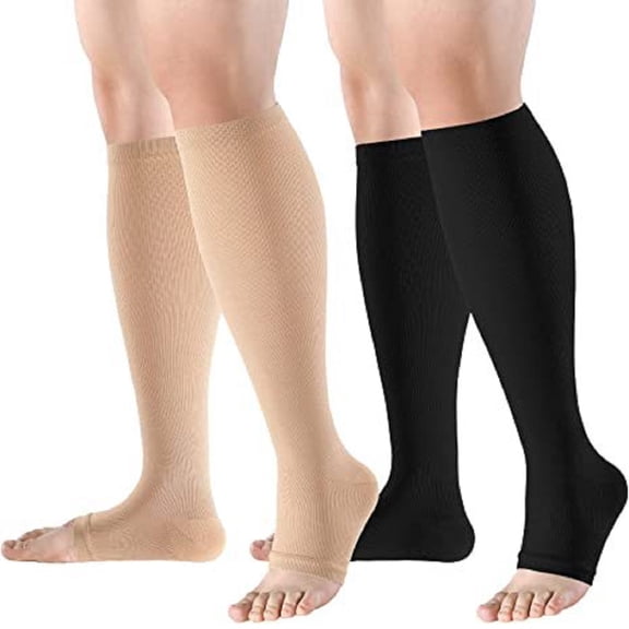 SZDUDU 2 Pairs Knee High Compression Socks for Women and Men 15-20 mmHg, Open Toe Compression Socks for Nurses, Medical, Running, Cycling, Athletic (L/XL)